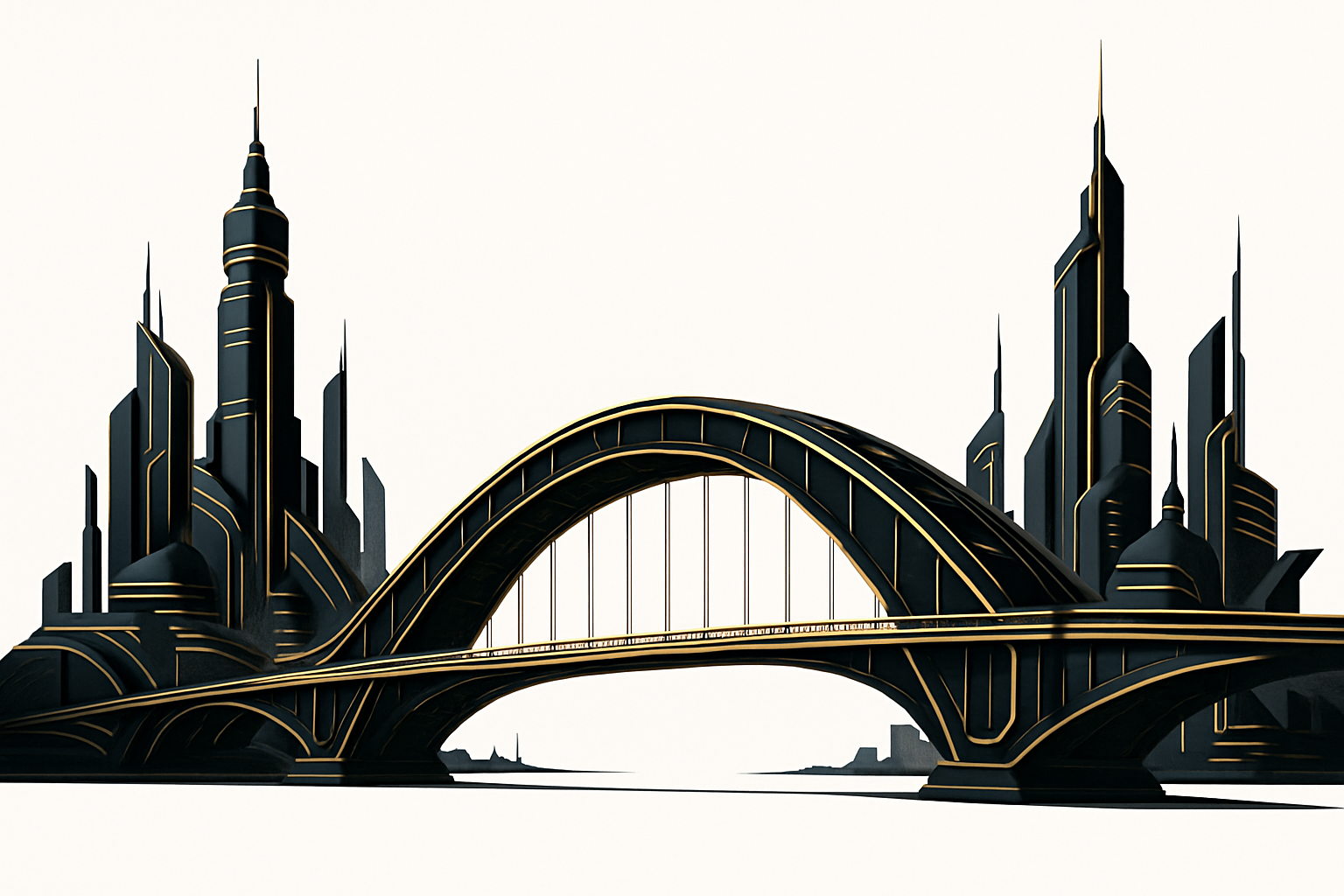 A bridge between futuristic worlds in a white background. use black and gold tones as primary and secondary colours