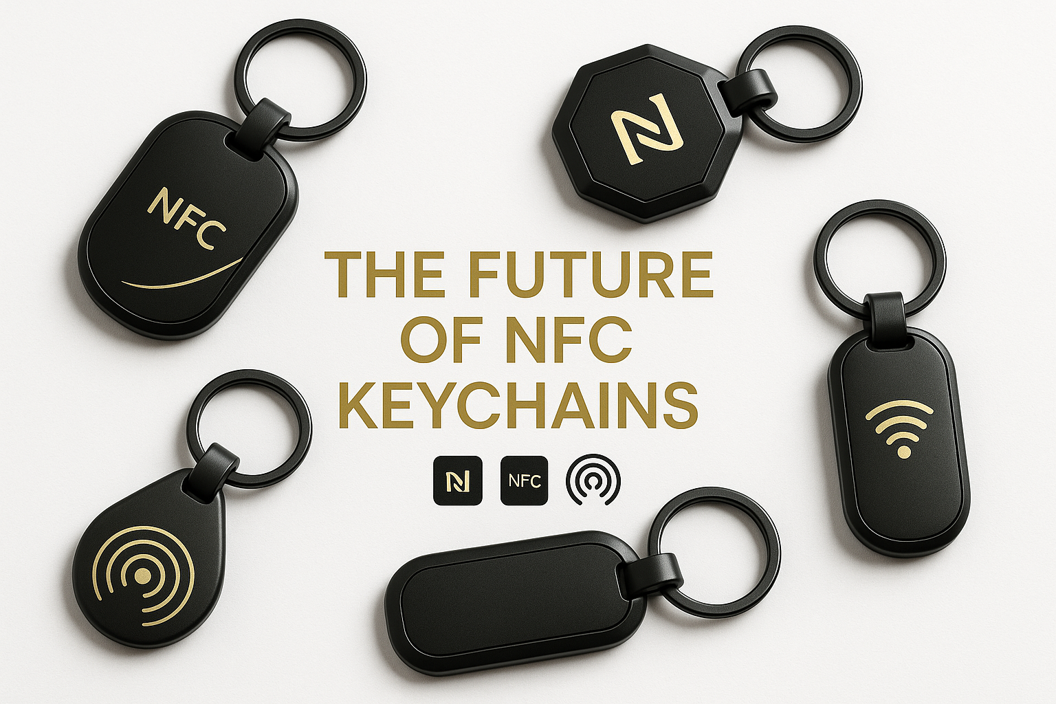 Future of nfc keychains white back ground with black a nd gold text. 